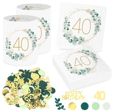 Sprinlot 20 Stück 40. Geburtstag Deko Servietten + 12 Stück Windlicht Tischdeko 40 Geburtstags + Eukalyptus Konfetti Tischdeko Grün Deko 40 Frau Geschenke zum 40 Geburtstag Frau Mann