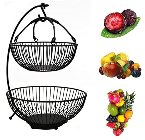 JUNYFFF Frutero De 2 Pisos con Soporte para Plátanos, Superficie De Trabajo De Metal, Frutero, Almacenamiento, Estante De Cocina, Mantiene Las Frutas Y Verduras Frescas (Black, Retirable)