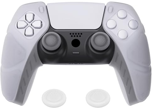 PlayVital Silikonhülle für PS5 Wireless Controller, Anti-Rutsch Schutzhülle | Case Zubehör, Hülle mit Stick Kappen, Ergonomische Griffe, Kompatibel mit Ladestation, Mecha Edition, Transluzentes Weiß