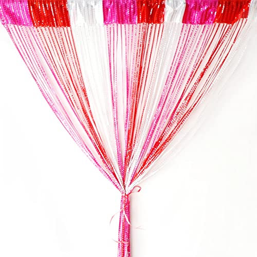 String Curtain Panel,Glitter Door Wall Window Doorways Panel Fly Screen Fringe Room Divider Blinds,Decorative Tassel Ribbon Strip Silver Screen for Living room,Bedroom,Party Event(Red Rose-red White)