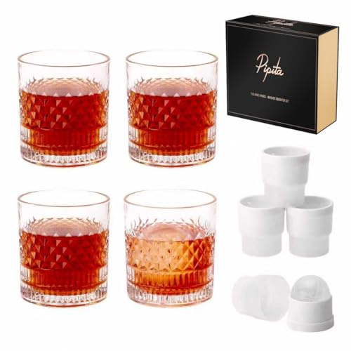 PIPITA Kristall Whiskyglas Set mit 4 Eiskugelformen und einer Luxusbox, bleifreier Whisky Tumbler Kristall 335 ml, altmodisches Whiskyglas Geschenkset für Männer