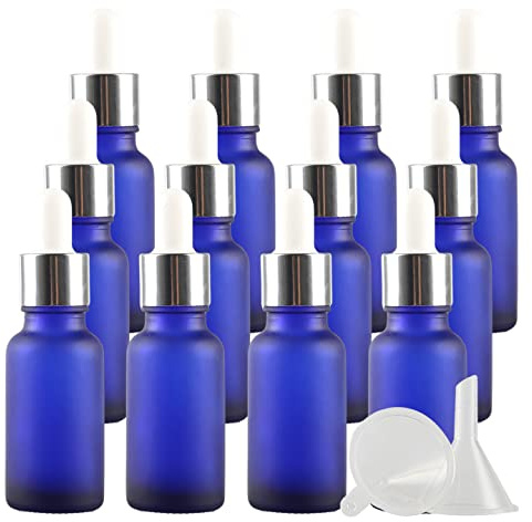 ZEOABSY 12 Stück 20 ml Gefrostet Blauglas Pipettenflasche mit Silber Pipettenring, Leere Glasflasche Glastropfer Glaspipette Tropfflaschen für Ätherische Öle Aromatherapie + 3x Trichter