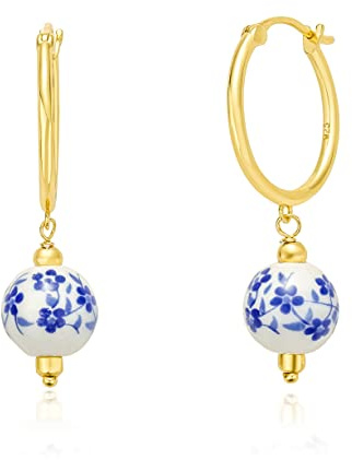 Brandlinger ® Perlen Ohrringe Silber 925. Creolen mit Keramik Perle. Schmuck Damen vergoldet mit 18 Karat Gold für Frauen und Mädchen. Durchmesser der Creole 20mm.