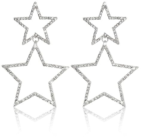 Boucles d'Oreilles Pendantes Étoile, Boucles d'Oreilles Pendantes Grande Étoile Strass Brillantes Boucles d'Oreilles Pendantes Étoile Strass Boucles d'Oreilles Étoile pour Filles Femmes (Argent