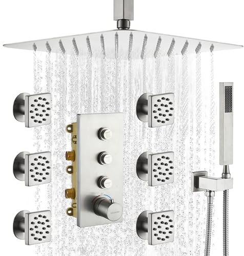 CASAINC 12 Zoll Regenduschkopf mit Handbrause, Thermostat-Duschsystem Nickel gebürstet, Regenduschsystem mit Körperdüsen, 3 Funktionen Deckenmontage Duschsystem mit Thermostatventil