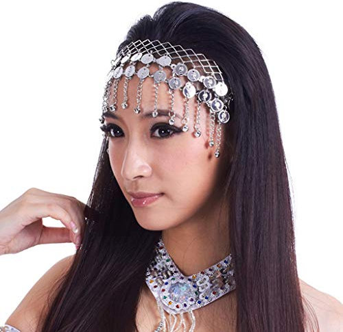 Bauchtanz Kopfschmuck Women Belly Dance Dancing Coins Tassels Headband Head Band Head Chain Hair Decoration Head Chain for Dance Show (Color : Silver)