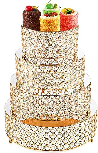 Uiifan 4 Pcs Crystal Gold Cake Stand Set 4 Size Elegant Round Dessert Display Metal Cupcake Stand with Mirror Plate Crystal Beads for Party Birthday Festival Anniversary Holiday 8/10/ 12/14''