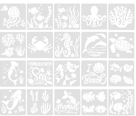 ONEBO 20 Pieces Marine Life Painting Template,Mermaid Sea Ocean Creatures Stencils,Reusable Sea Animal Drawing Stencils,for Painting,Wooden Furniture DIY Decoration