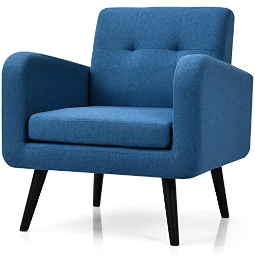 COSTWAY Fauteuil de Salon Rembourré, Fauteuil Scandinave avec Pied en Bois Massif d'Hévéa, Chaise d'Appoint en Tissu de Lin, Canapé 1 Place, pour Chambre, Bureau, Salle d’Étude, Charge 120 KG (Bleu)