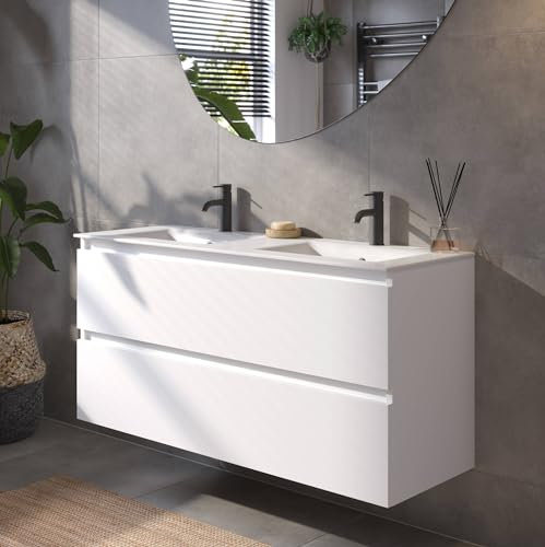 Saqu Gaia Badezimmermöbel mit doppeltem Keramik Waschtisch mit Unterschrank 121x51 cm Vormontiert - Badmöbel Set Badezimmerschränke - Glänzend Weiß mit Weißer Griffleiste
