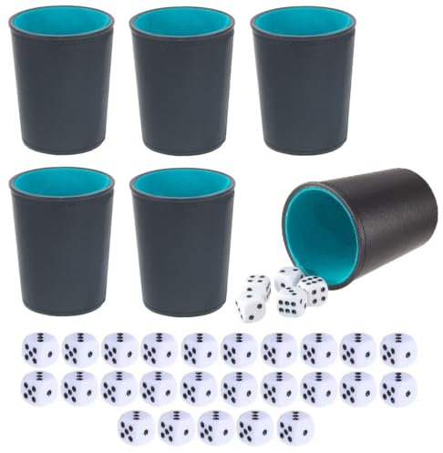Leather Dice Cup, Quite Felt-Lined Interior, 6 Shaker Cups and 30 Dot Dices, one Carry Bag (Black and Lake Blue)