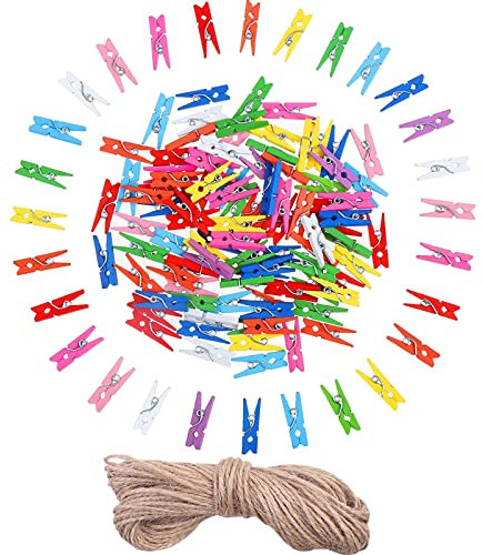 100Pcs Mini Pegs, Mini Wooden Pegs, Colored Wooden Pegs, Small Pegs for Hanging Photos, Mini Pegs for Photos, Tiny Wooden Clothes Pegs with 30M String for Hanging Photos, Arts, Crafts, Weddings, Event