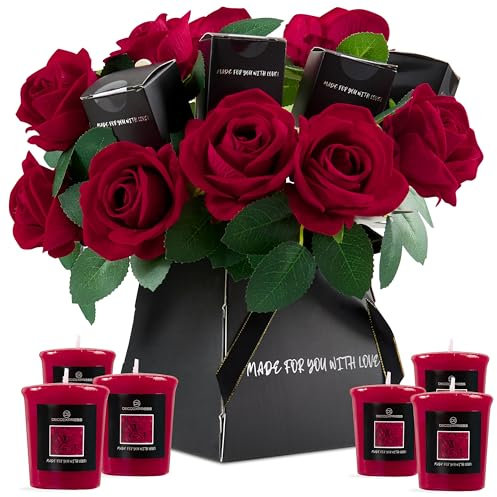 DECO EXPRESS Scented Candle Gift Set with Flowers, Ladies Bouquet Roses and Candle Box Women's Gifts Valentines Day Bday (Red)