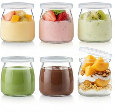 Siocok 6 x 200 ml Pudding-Glasflaschen, Joghurtgläser mit Kunststoffdeckel, kleine Glasflaschen, für Joghurtherstellung, Milch, Marmelade, Gelee, Pudding, Mousse, 6 Stück