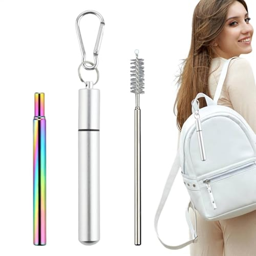 Pailles de voyage réutilisables avec étui, lot de pailles pliables portables | Pailles métalliques réutilisables avec 1 étui, 1 brosse de nettoyage, 1 porte-clés, accessoires de bateau de croisière