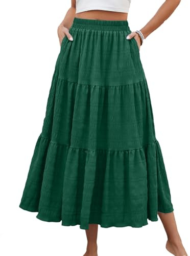 HUSKARY Women's Summer Boho Elastic High Waisted Ruffle Maxi Skirt A-Line Smock Layered Tiered Long Beach Skirt,Deep Green