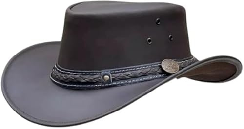 Men's Genuine Full Grain Leather Western Style Cowboy Brown Outdoor Bush Hat with Chin Strap (UK, Alpha, XL, Alpha)