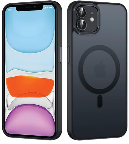 Knrlqim Custodia Magnetica per iPhone 11, Compatibile con MagSafe, PC Silicone Cover Traslucido Opaco, Case Protezione Fotocamera & Pulsanti Metallo, Antiurto Antiscivolo Slim, Nero