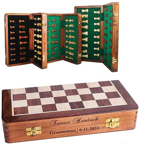 Personalisiertes magnetisches Schachspiel aus Holz, 17,8 cm, zusammenklappbar, Reise-Schachbrett mit extra Königin, handgefertigtes tragbares Schachspiel, ideal für Zuhause und unterwegs