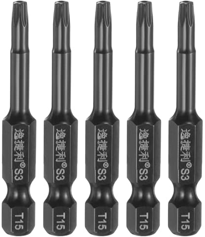 sourcing map 5pcs T15 Sicurezza Torx Testa Cacciavite Bit 1/4 Hex Shank 2 (50mm) Lungo Magnetico Tamper Proof 6 Point Star Screw Driver Drill Bit S3 Acciaio Specchio Lucido Strumento Elettrico con