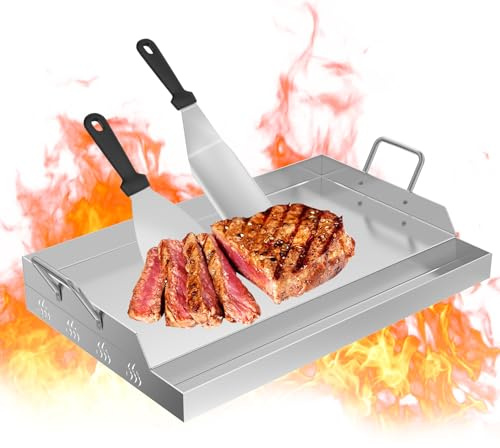 UISEBRT Edelstahl Grillplatte 51 x 32 x 7 cm BBQ Plancha Grillplatte inkl. 2 Grillspachtel & Griffen | Grillblech mit Ölrinne | Feuerplatte Grillzubehör für Holzkohle- & Gasgrill