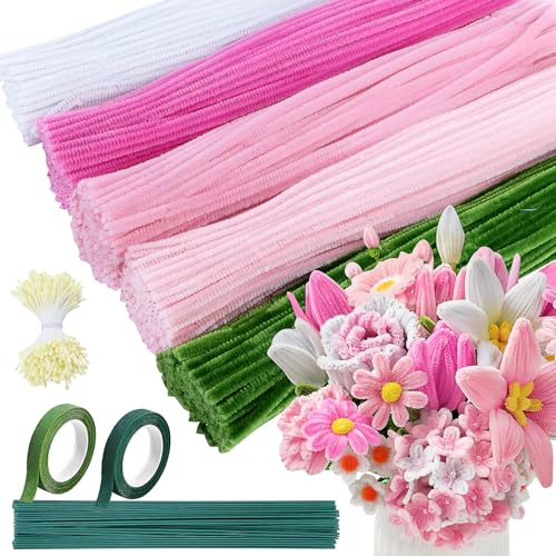 Niuny Limpiapipas Manualidades 500PCS Limpia Pipas 5 Colores Pipe Cleaner Tallos de Chenilla Kit de Flores de Limpiapipas Rosa con Tallo Floral Artificial Estambres Cintas Adhesivas para Ramos DIY