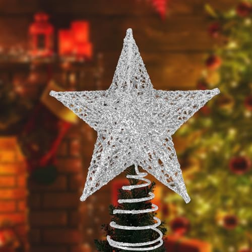 AUMAYCO Silber Christbaumspitze Stern, 20 x 24cm Glitzer Metall Weihnachtsbaumspitze Dekoration, Baumspitze Weihnachten Weihnachtsbaum Stern Spitze für Weihnachten, Zuhause, Party, Festtagsdekoration