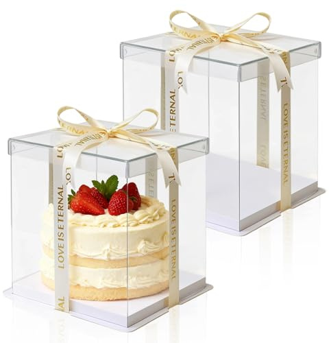 TFLPUO 2PCS Cake Box Transparent, 8 Inch Clear Cake Display Box Plastic Gift Boxes Container Packaging with Lid Ribbon for Party Wedding 26 X 26 X 24 cm