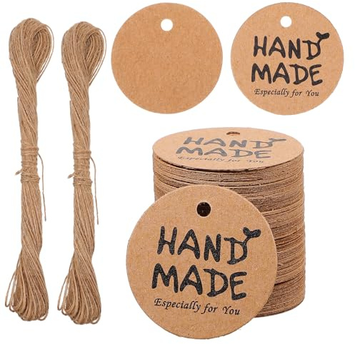 DOPENSPI 200 etichette regalo in carta kraft, fatte a mano, con cordoncino di iuta da 40 metri, 3 cm, rotonde, etichette per regali, marroni e decorazioni fatte a mano