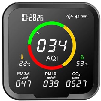 Rilevatore di gas, Rilevatore di CO2 6 in 1, monitor a qualità 'aria, misuratore anidride carbonica, tester temperatura e umidità digitale, orologio,per casa e camper
