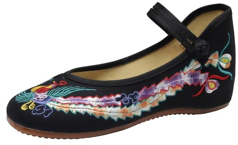 Jemnpela Mujeres Chinos Bordados Florales cuña Zapatos asiáticos Tradicionales Mary Jane Brida Ballet Yoga Zapatos de Lona con Goma Suela botón de Rana