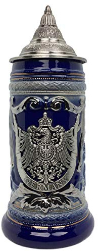Essence of Europe Gifts 0.6 Liter | OktoberfestHaus German Adler (Eagle) Stein Mug Beer Steins For Men Cobalt Blue Ceramic Beer With Metal Emblem Bier Krug With Lid Masskrug Aleman and Jarra Stein
