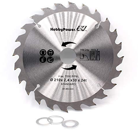 Kreissägeblatt Sägeblatt Hartmetall für Holz Tischkreissäge Kappsäge Gehrungssäge 210x30mm 24 Z Zähne + 3 Reduzierringe auf 24,4mm, 20mm und 16mm