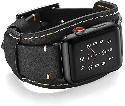 CooBES Compatible avec Apple Watch Bracelet 45mm 44mm 42mm Cuir Véritable Bande Remplacement Strap avec Boucle en Compatible iWatch Series 7/6/5/4/3/2/1 SE pour Hommes Femmes (45/44/42mm, Noir)
