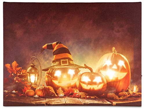 Nexos Trading LED Wandbild Leinwandbild mit Beleuchtung Fotodruck Happy Halloween 30 x 40 cm Kunstdruck Leuchtbild Herbst Halloweenparty 8 LED Kürbis