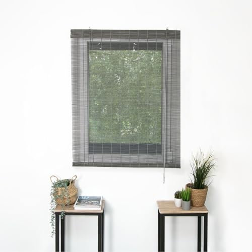 MADECOSTORE Enrouleur Roll'Up Bambou-Gris-L83 x H180cm-Fixation Avec perçage-Store Bois Rollo, Echte Bambusstämme, grau, 83l x 180L cm