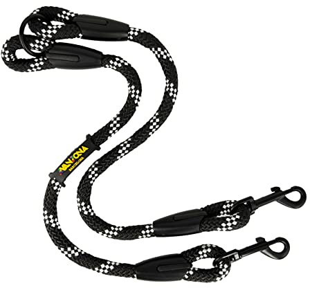 Hundeleine mit doppelten Haken für 2 Hunde, für kleine, mittlere und große Hunde. Schwarz mit Weiß