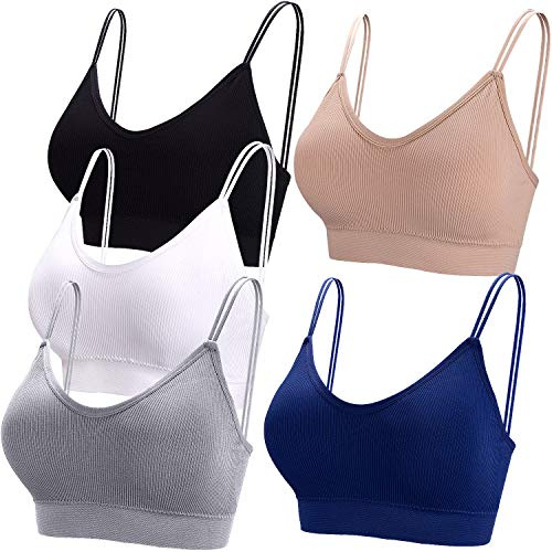 BQTQ 5 Pieces Camisole Bras for Women V Neck Camisole Bralettes Seamless Sleeping Bra with Straps and Removable Pads for Women Girls (Black, White, Grey, Beige, Navy, L)