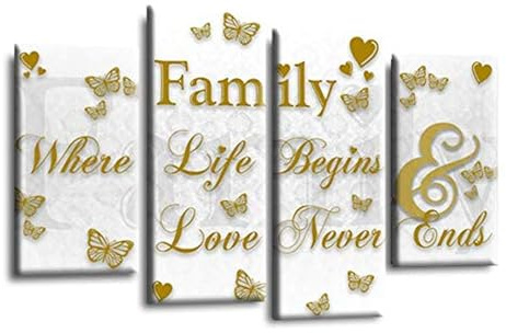 LR Family Quote Wall Art Picture – Grey, Gold & White Love Framed 4 Panel Split Canvas Print | Ready to Hang | Modern Wall Art for Living Room, Bedroom & Office