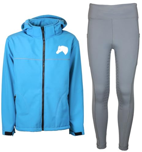 MS-Trachten Kinder Reitset Eva Softshell Reitjacke hellblau mit Silikon-Vollbesatz Reitleggings Grau (134/140)