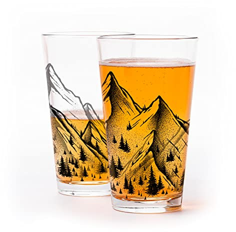 Black Lantern Set of 2 Pint Glasses – Screen Printed Drinking Glasses - 16 oz Highball Water Glasses Cups Sets Beer Glasses Tumblers Bar Glasses for Home and Kitchen (Mountain Range Panoramic)