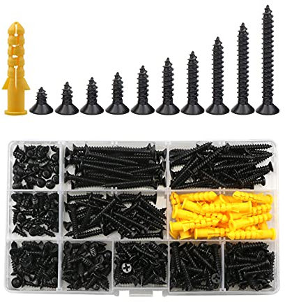 M4 Flat Head Self Tapping Countersunk Cross Wood Screws, Expansion Wall Plug Assortment Kit Carbon Steel Self Drilling Screws (8-35mm) (Black)