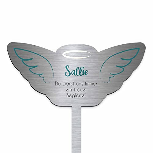 CHRISCK design Grabstecker für Hund Katze Edelstahl - Blumenstecker Engel Flügel - Gartenstecker | Personalisierter Metall Grabschmuck wetterfest Tiere | Tiergrab Deko | Trauer (Personalisierbar)