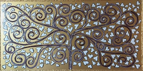 DORON ARTE QUADRO MODERNO ASTRATTO DIPINTO A MANO TELAIO GALLERY BORDI DIPINTI - ALBERO DELLA VITA FONDO ORO CUORI BIANCHI - 1 metro x50x4 cm -RIF272