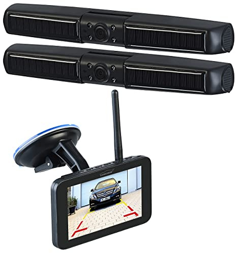 Lescars Frontkamera Auto: Solar-Funk-Front- und Rückfahrkamera mit Full HD und 5 Monitor (Kfz Rückfahrkamera, Parkkamera, IP)