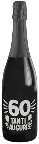 Bottiglia di Prosecco D.O.C. Extra Dry 0.75 lt., per idea regalo di compleanno 60 anni per lui e per lei, tanti auguri con etichetta in argento (Argento, 60)