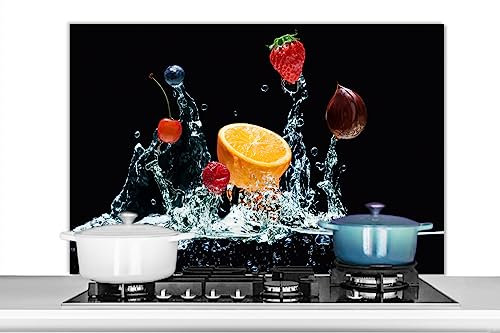 KitchenYeah© Pannello Paraschizzi da Cucina Alluminio 100x65 cm Alzatina Top Decorazioni Pannelli Paraspruzzi Acqua - Frutta - Arancia - Fragola - Ciliegia - Nero