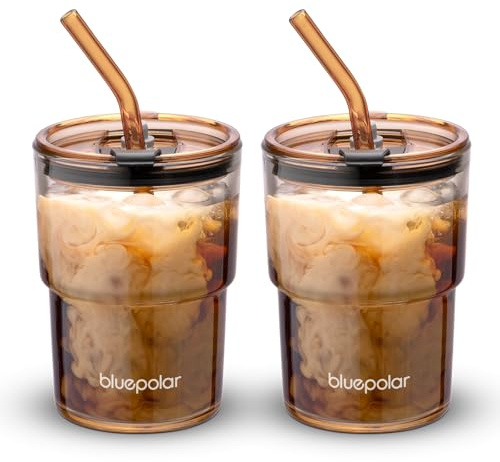 BLUEPOLAR 13oz/400ml Glass Water Tumbler with Straw and Lid Sealed Carry on Thick Wall Iced Coffee Cup for Water, Iced Tea, Fruit Juice (Amber-2 Pack)