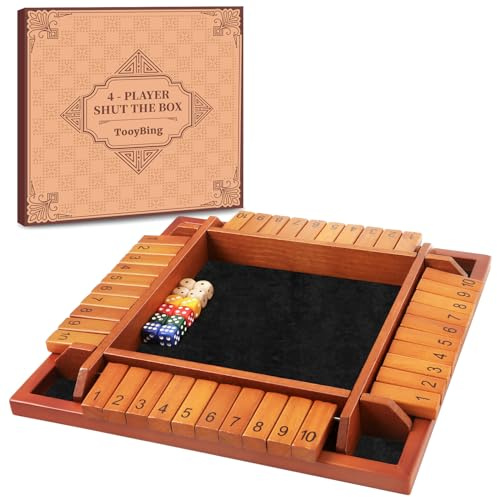 TooyBing Upgraded 1-4 Players Shut The Box Dice Game, Wooden Board Table Family Game for Kids and Adults with 12 Dice, Classic Tabletop Math Game for Pub Classroom Party, Gift for Christmas Birthday