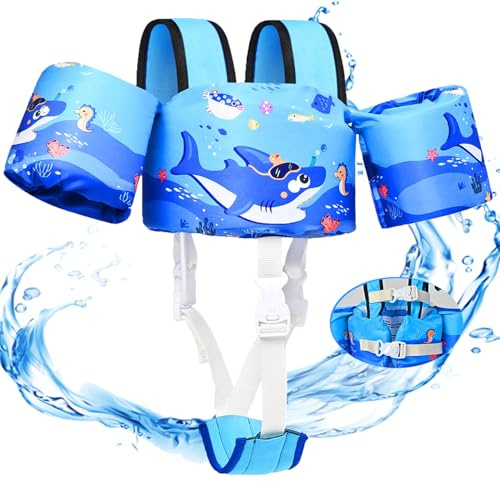 Puddle Jumper Toddler Swim Vest 22-30-40-50-66 lbs for 1-2-3-4-5-6-7 Years Old, Kids Floaties with Crotch Strap & Shoulder Harness, Swimming Arm Wings for Boys Girls Niños Pool Beach, Shark